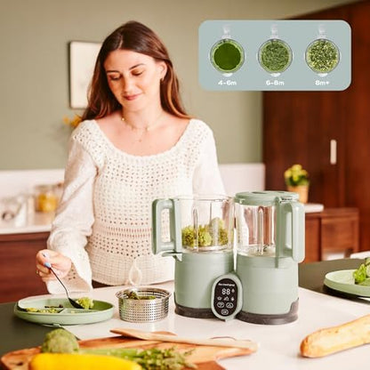 Side angle view of the automated baby food heater and defroster unit on a kitchen counter