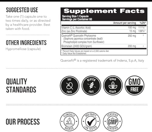 Triquetra Health Quercetin Complete supplement facts showing Quercefit Zinc and Vitamin C.