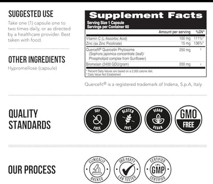 Triquetra Health Quercetin Complete supplement facts showing Quercefit Zinc and Vitamin C.