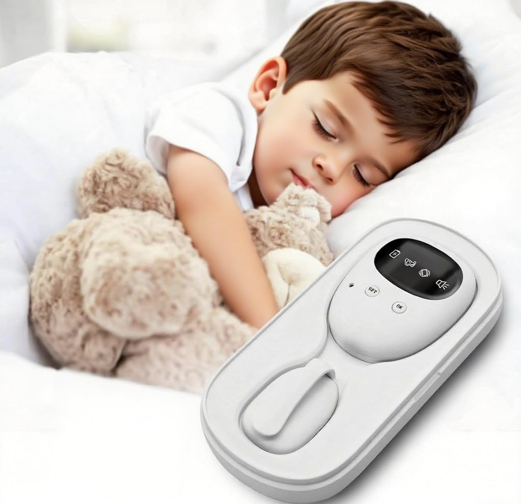 QCBF Wireless Bedwetting Alarm front view of white receiver and transmitter.