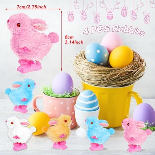 Assorted pink and blue miniature plush wind up rabbits highlighting the soft fabric texture and side keys