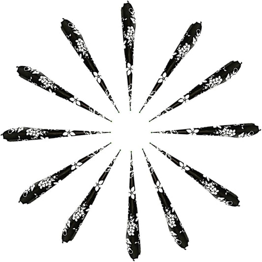 Decent empty henna cones 12 pack front view showing black and white floral pattern