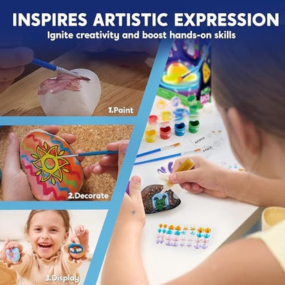Children painting smooth river stones with metallic and luminous acrylic art colors