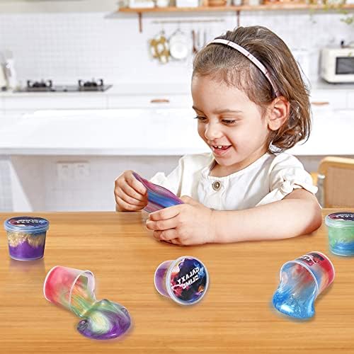 Individual plastic storage containers displaying multicolored unicorn crystal slime textures