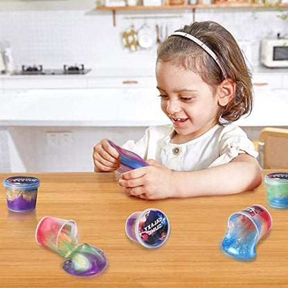 Individual plastic storage containers displaying multicolored unicorn crystal slime textures