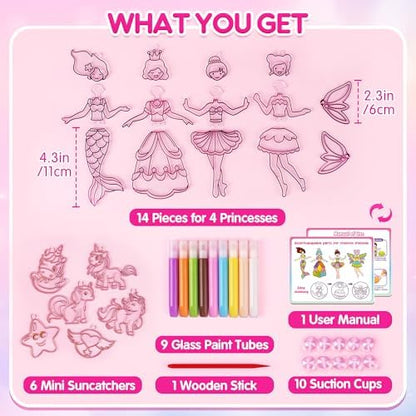 Childrens stained glass painting set with translucent paint tubes spread out