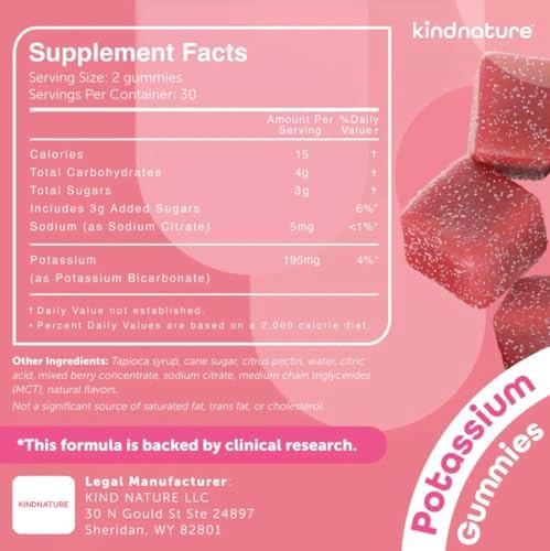 Kindnature potassium supplement gummies container top view showing secure closure cap and authentic imported label details