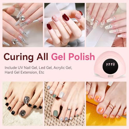 A lifestyle demonstration of the JODSONE pink nail dryer curing a professional home gel manicure.