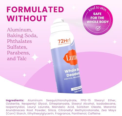 Aluminum free whole body deodorant spray in Soft Powder scent imported from USA.