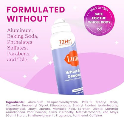 Aluminum free whole body deodorant spray in Soft Powder scent imported from USA.