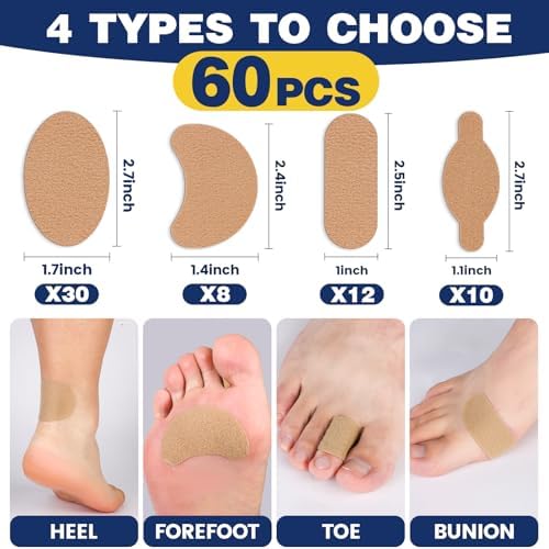 Pre-cut beige moleskin tape stickers in various shapes for foot comfort.
