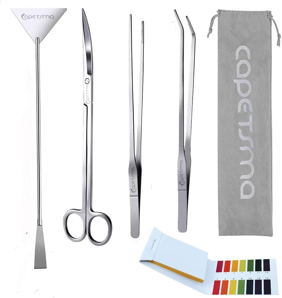 Capetsma aquascape stainless steel plant tools set front view of the complete five piece kit.