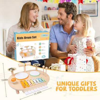Educational toddler drumming table set showing the wood rasp and maraca accessories.