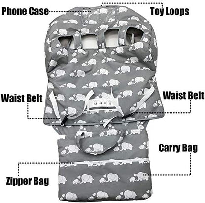 Side view of two toddlers sitting comfortably inside the Love&go double grocery cart protector.