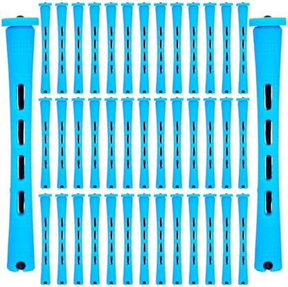 Tucnoeu small plastic cold wave rods front view showing forty pieces of blue perm rollers for hair styling.