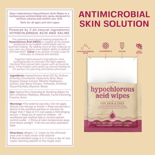 Individually wrapped HOCl skin repair wipes for sensitive facial cleansing.