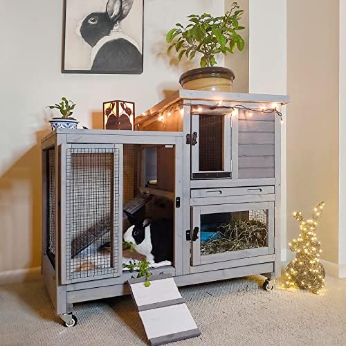 Aivituvin Rabbit Hutch Large Wooden Bunny House Guinea Pig Cages on Wheels, Two Trays, Indoor Outdoor - Image 2