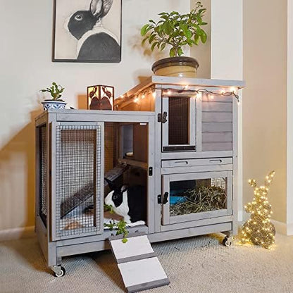 Aivituvin Rabbit Hutch Large Wooden Bunny House Guinea Pig Cages on Wheels, Two Trays, Indoor Outdoor - Image 2