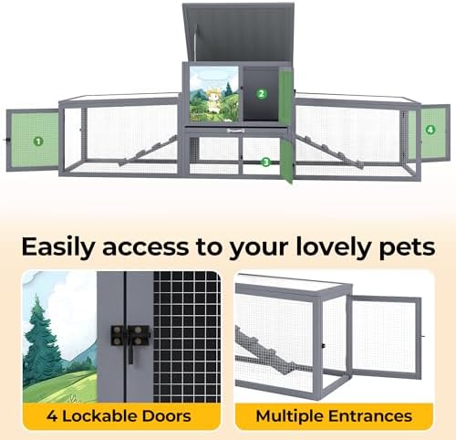 COZIWOW 95inches Extra Large Wood Rabbit Hutch Outdoor Easy to Assemble and Stable Bunny Cage Indoor with Cleaning Tray & Waterproof Roof for Small and Medium Bunny Rabbit ChickGrey with Pattern - Image 5