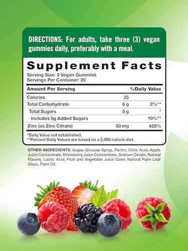 Vegan mixed berry flavored zinc gummy vitamins for adult antioxidant benefits