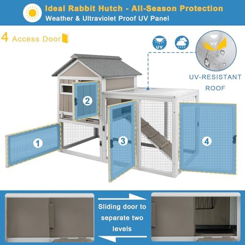 Ketive 48" L Rabbit Hutch Outdoor Indoor Bunny Hutch Weatherproof, 2-Story Wood Rabbit Cage with Deep Tray, Chew-Resistant Ramp, UV Roof, Bunny House for Small Animal, Expandable Guinea Pig Cage - Image 6