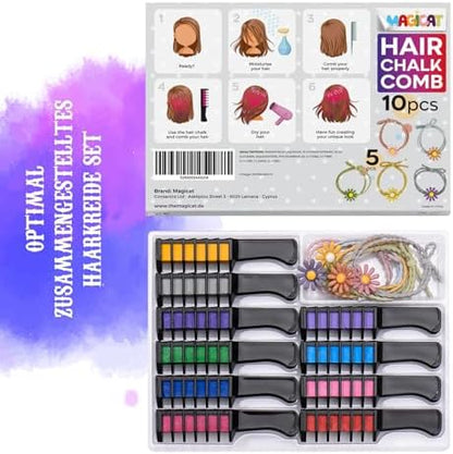 Rear view of the Magicat hair chalk box detailing application instructions and product contents