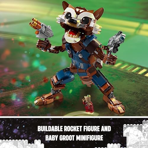 Assembled LEGO Rocket and Baby Groot figure displayed on a shelf