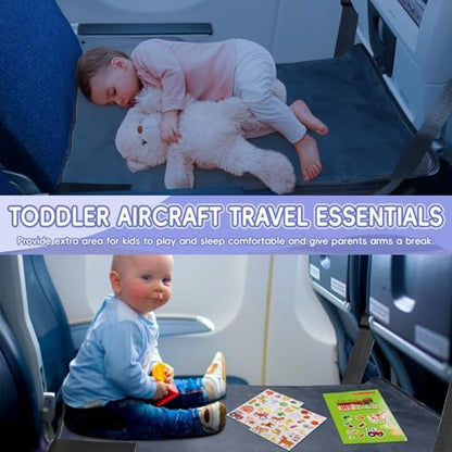 A young child resting comfortably on the grey Gocozy portable kids travel seat extender during a flight.