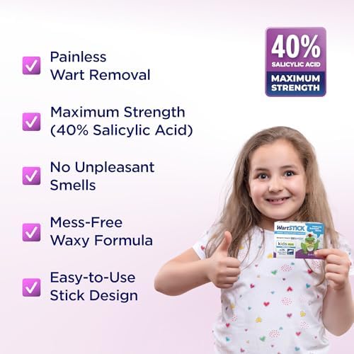 Solid stick applicator for mess-free kids common and plantar wart treatment.