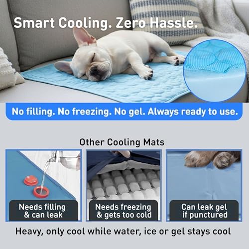 Large breed dog resting comfortably on the Inspector Tail self cooling mat outdoors
