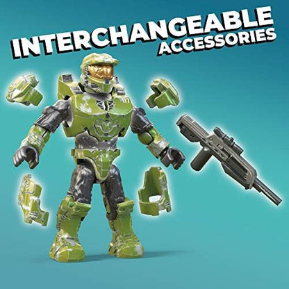 Mega Brands Halo Infinite action figures standing with weapon accessories next to the Ghost vehicle