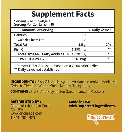 Side label view of Spoonful omega 3 supplement with ingredient details