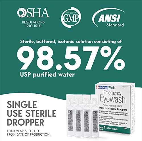 A-Med sterile isotonic eyewash vials being used for first aid eye flushing