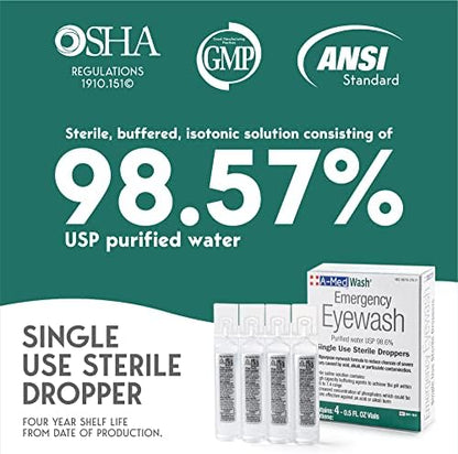 A-Med sterile isotonic eyewash vials being used for first aid eye flushing