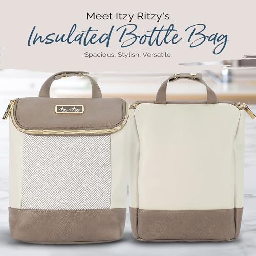 Itzy Ritzy bottle bag hanging from a stroller handle