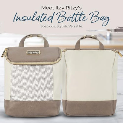 Itzy Ritzy bottle bag hanging from a stroller handle