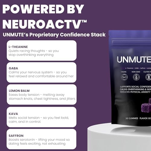 Unmute plant based confidence supplement pouch containing 30 berry flavored gummies