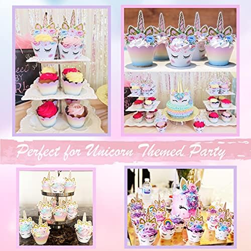 Gold glitter unicorn horn cupcake toppers on baked goods