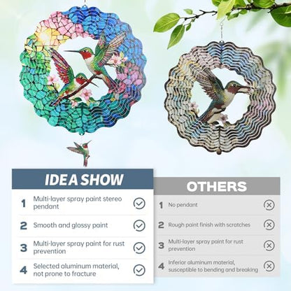 3D visual effect of hanging hummingbird wind spinner in a garden