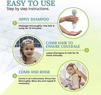 LiceLogic plant-based enzyme shampoo for kids being used for head lice elimination.