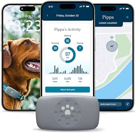 Petivity smart pet tracking device resting on its wireless charging pad