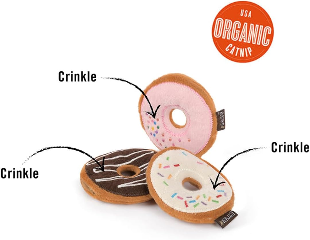 Durable double stitched crinkle cat toys on a flat surface