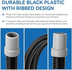 Detailed shot of the integrated connector pieces on the Magluv ribbed filter hose designed for rapid water system installation.