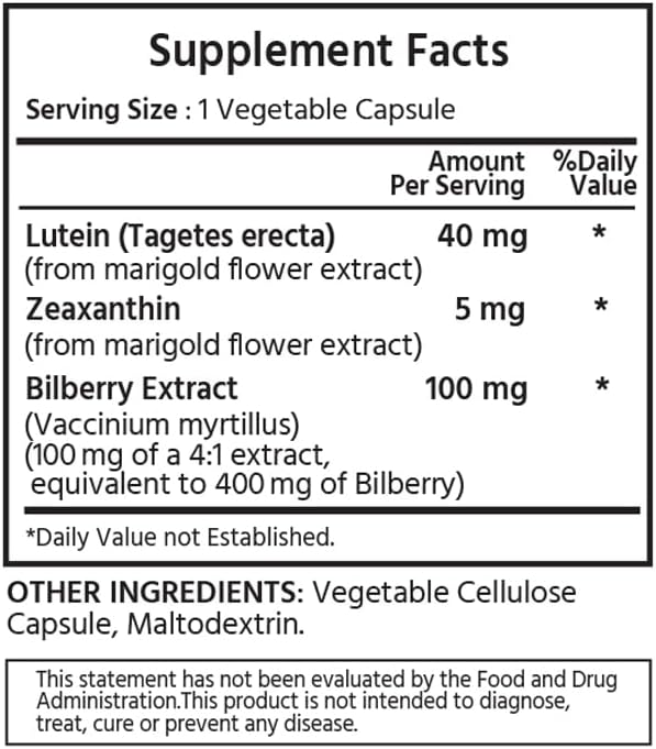ML Naturals eye supplement 120 vegetable capsules label details