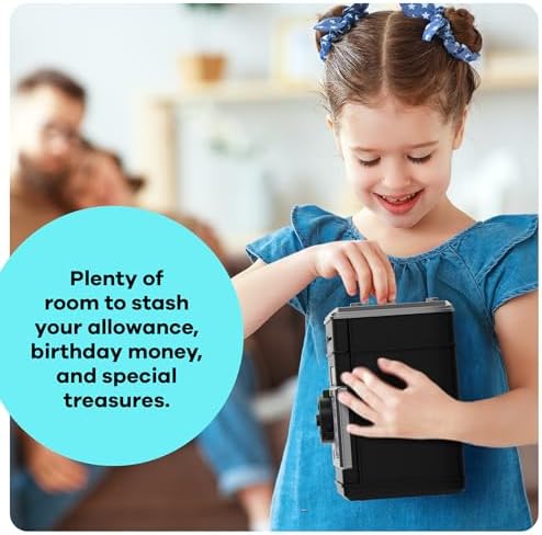 Black and silver toy safe ATM for children showing flashing lights and interactive buttons during code entry.