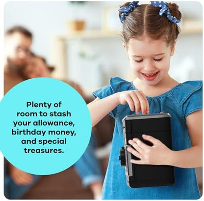 Black and silver toy safe ATM for children showing flashing lights and interactive buttons during code entry.