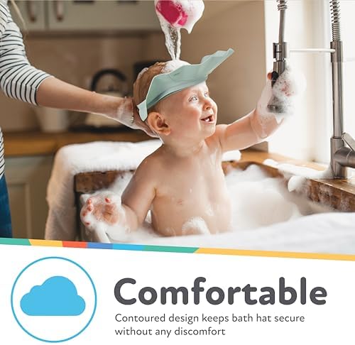Nuby adjustable infant shower cap in seafoam gray showcasing the flexible rear strap.