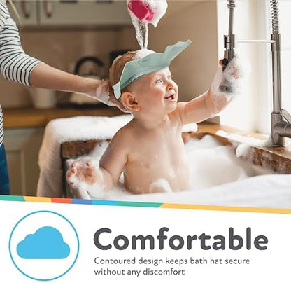 Nuby adjustable infant shower cap in seafoam gray showcasing the flexible rear strap.