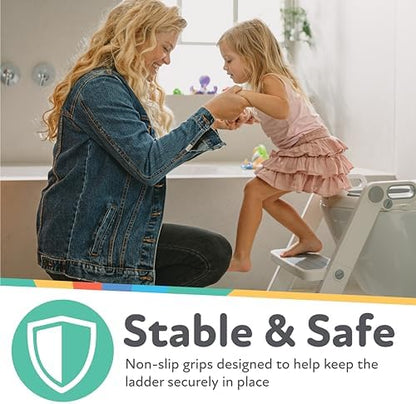 Nuby all-in-one step ladder potty seat topper positioned on a standard bathroom toilet bowl for toddlers