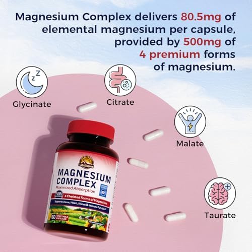 Vitalitown Magnesium 4-in-1 complex capsules showing vegan dietary certification seals